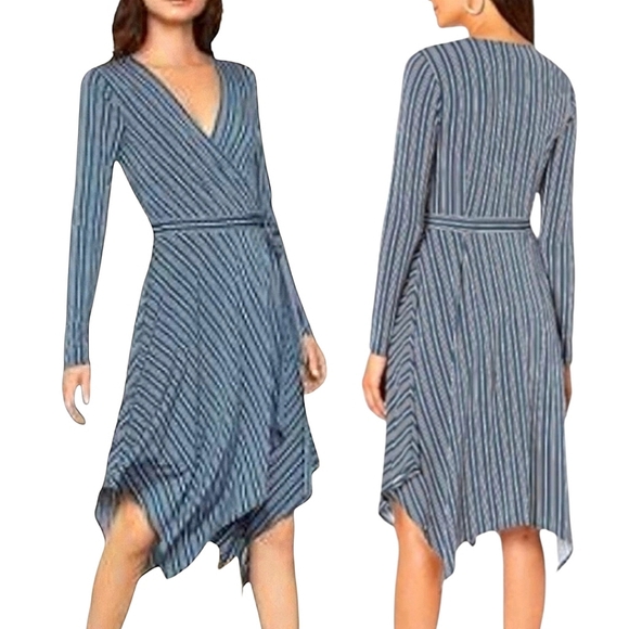 BCBGMAXAZRIA Striped Handkerchief Hem Wrap Dress - Size S - Picture 1 of 12